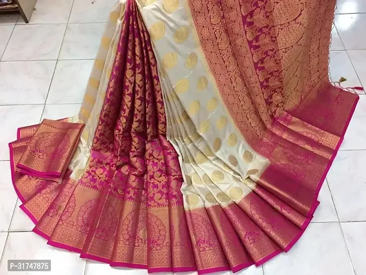 Beautiful Silk Blend Pink Woven Design  Saree with Blouse piece For Women-thumb0