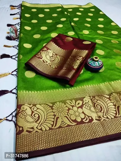 Beautiful Silk Blend Green Woven Design  Saree with Blouse piece For Women-thumb0