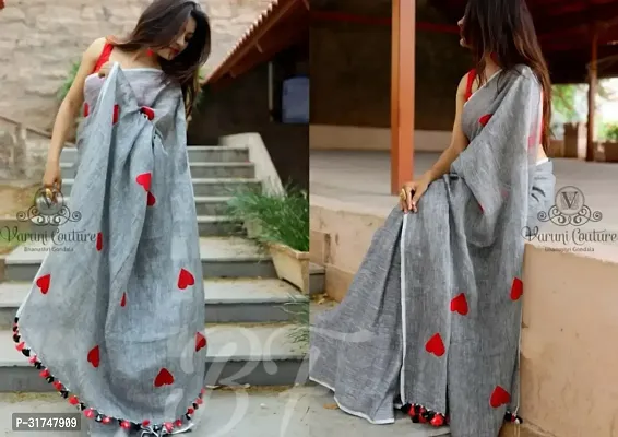 Beautiful Silk Blend Grey Embroidered  Saree with Blouse piece For Women