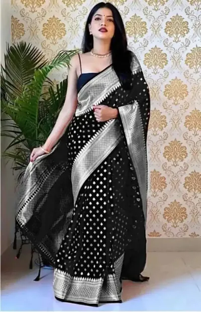 ROBES NEW ARRIVAL Women's Solid LITCHI SILK 5.5 Meter Saree with Unstitched Blouse Piece (BLACK