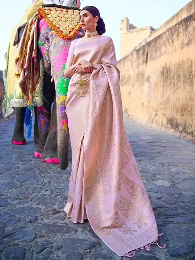 Ethnic Motifs Silk Blend Banarasi Saree with Blouse Piece