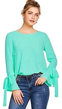 Alfa Fashion Casual Flared Sleeve Self Pearl Summer Design Women's Western Women Top-thumb1