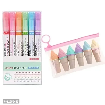 GoMerryKids Combo of Linear Color Pen And Ice Cream Cone Highlighter Pen Marker Pen School Art Supplies / Return Gifts for Girls-thumb0