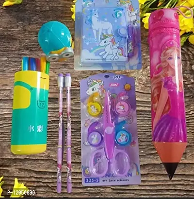 gomerrykids 7in1 combo for kids unicorn diary with pen, 2 lead pencils, eraser, unicorn pen, sharpener and art craft scissor- Multi color-thumb2