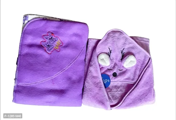Gomerrykids.com Cuddles Combo of 1 Ultra Soft Baby Towel with 1 Fleece Blanket Swaddle Newborn 0-2Years Baby Carrier Hooded Bath Towel Kids-thumb0