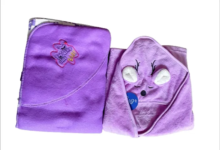 Gomerrykids.com Cuddles Combo of 1 Ultra Soft Baby Towel with 1 Fleece Blanket Swaddle Newborn 0-2Years Baby Carrier Hooded Bath Towel Kids