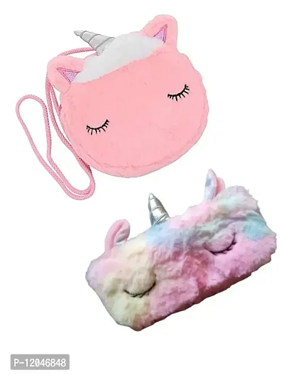 Gomerrykids Unicorn Soft Plush Fur Shoulder Sling Bag with Zipper and Soft Unicorn Fur Pouch/College School Favor Pack Makeup Pouch / (Combo Pack)