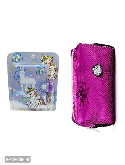GoMerryKids Combo of Unicorn Diary with Pen & Sequin Unicorn Pencil Box for Girls