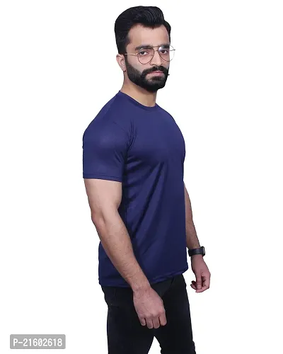 Reliable Navy Blue Polyester Blend Solid Round Neck Tees For Men-thumb5