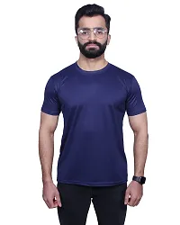 Reliable Navy Blue Polyester Blend Solid Round Neck Tees For Men-thumb1