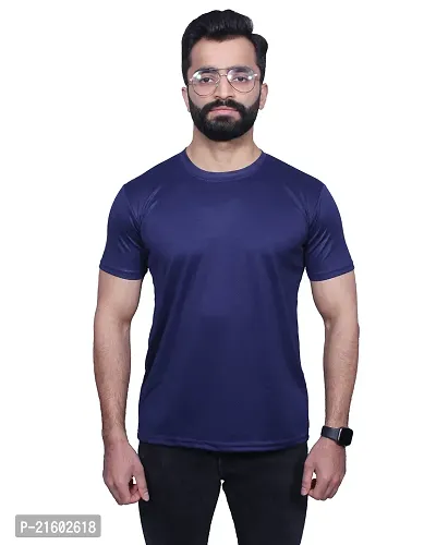 Reliable Navy Blue Polyester Blend Solid Round Neck Tees For Men-thumb2