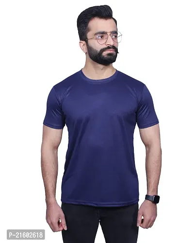Reliable Navy Blue Polyester Blend Solid Round Neck Tees For Men-thumb0