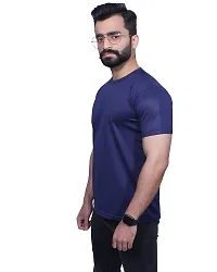 Reliable Navy Blue Polyester Blend Solid Round Neck Tees For Men-thumb3