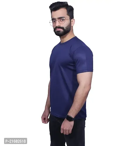 Reliable Navy Blue Polyester Blend Solid Round Neck Tees For Men-thumb4