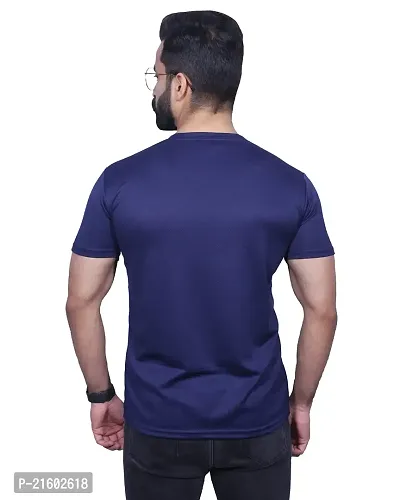 Reliable Navy Blue Polyester Blend Solid Round Neck Tees For Men-thumb3
