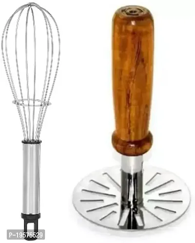 OMORTEX Masher Combo Kitchen Stainless Steel Potato Masher and Egg Whisker Attractive Handy Look with Comfortable Steel Handle Gives a Good Grip (Wooden Masher)