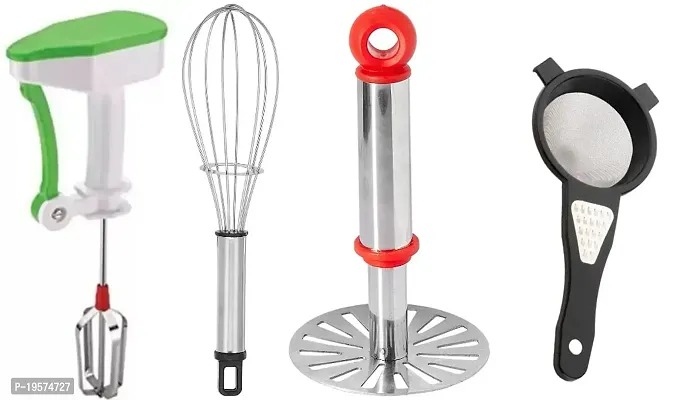 OMORTEX All in 1 Combo Of Manual Hand Blender, Whisk Stainless Steel Masher, 2 in 1 Strainer-Grater (Pack Of 4)