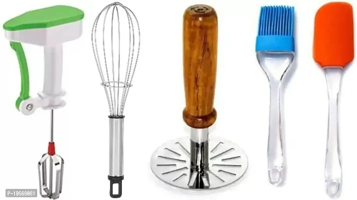 OMORTEX Daily Kitchen Use Combo Of Powerfull Blender Wooden Bhaji Masher Whisk Spatula  Brush (Pack Of 5) Kitchen Tool Set-thumb0