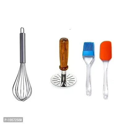 OMORTEX Combo of Stainless Steel Whisker, Spatula and Brush ,Wooden Masher Kitchen Tools Set