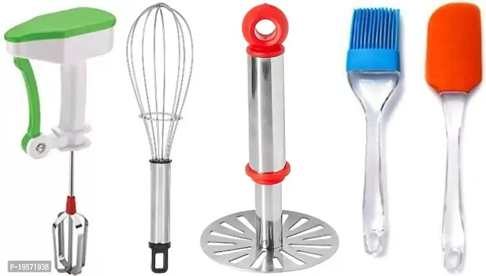 OMORTEX Daily Kitchen Use Combo Of Powerfree Blender Stainless steel Bhaji Masher Whisk Spatula  Brush (Pack Of 5) Kitchen Tool Set