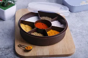 OMORTEX 7 in 1 Airtight Round Masala Box With Lock System  Spoon (Plastic, Brown, Pack Of 1)-thumb2