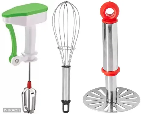 OMORTEX Decent Combo for Smart Kitchen Power Free Hand Blender and Stainless Steel Whisk  Masher Combo (Pack of 3, Multicolor) Kitchen Tool Set