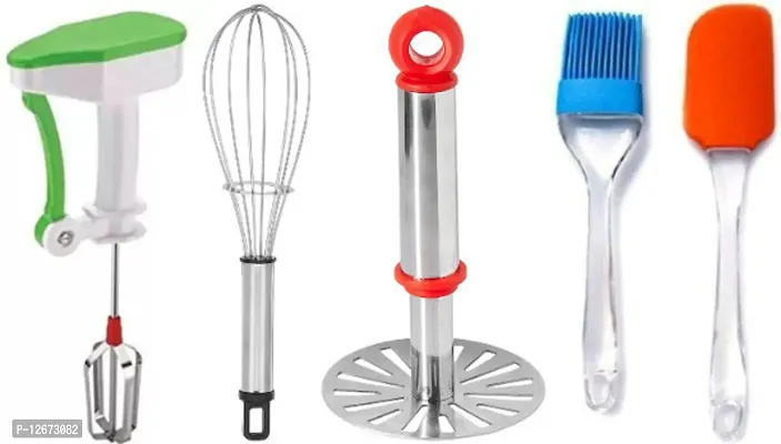 Daily Kitchen Use Combo Of Powerfree Blender Stainless Steel Bhaji Masher Whisk Spatula  Brush (Pack Of 5)