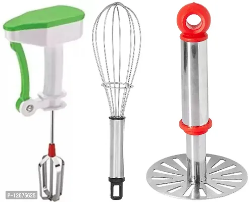 OMORTEX Manual Hand Blender, Whisk  Stainless Steel Masher (Pack Of 3)-thumb0