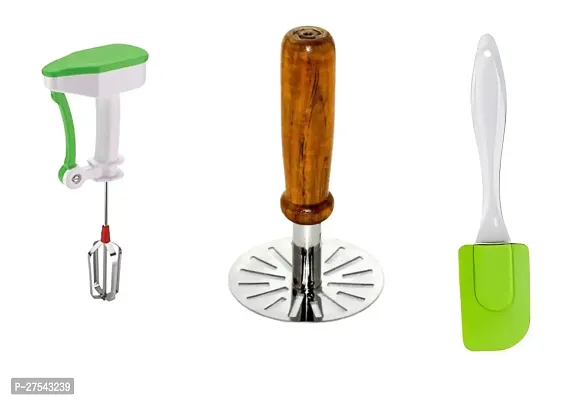 OMORTEX  Manual Hand Blender With Wooden Masher  Big Spatula ( Pack Of 3 )