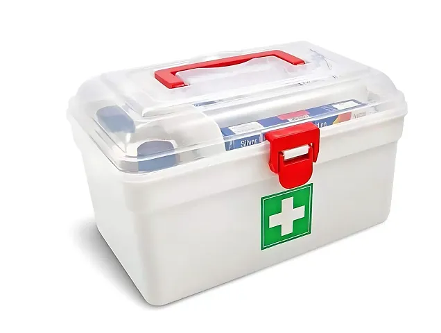 Mbuys Mall First Aid Box Lockable Medicine Storage Box Plastic Emergency Cabinet Organizer with Detachable Tray and Handle Portable First Aid Organizer for Home Camping Travel and Car