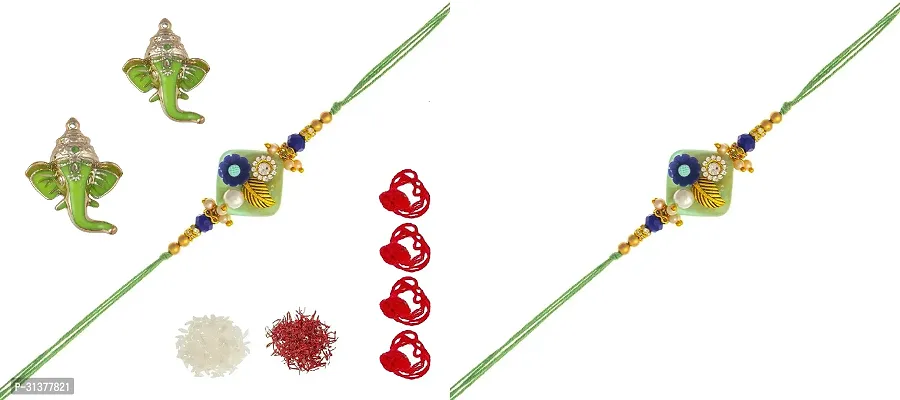 Elegant Raksha Bandhan Gift Set For Brothers- 2 Rakhi, Kesar Chawal, Pair Of Ganesha Soan, 4 Pieces Red Thread