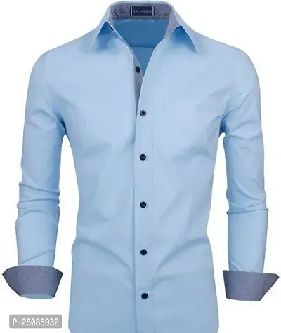 Elegant Blue Cotton Solid Long Sleeves Casual Shirts For Men-thumb0