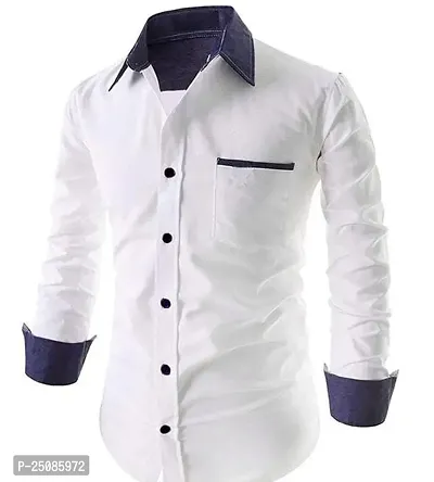 Elegant White Cotton Blend Solid Long Sleeves Casual Shirts For Men