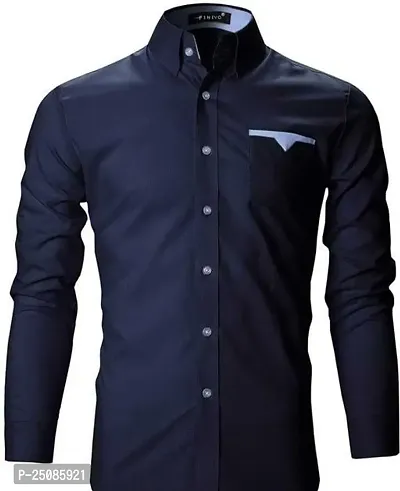 Elegant Navy Blue Cotton Blend Solid Long Sleeves Casual Shirts For Men