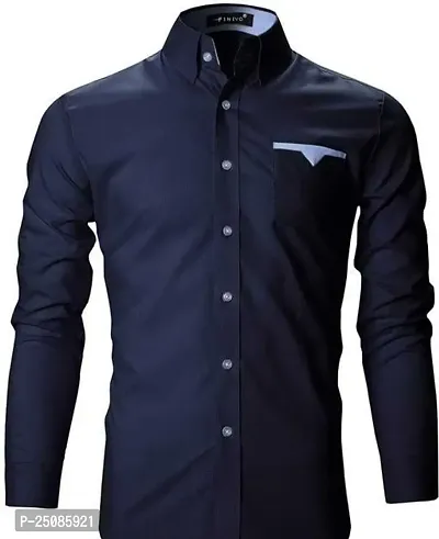 Elegant Navy Blue Cotton Blend Solid Long Sleeves Casual Shirts For Men-thumb0