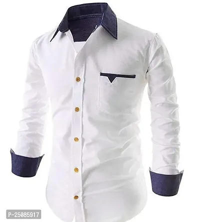 Elegant White Cotton Blend Solid Long Sleeves Casual Shirts For Men-thumb0