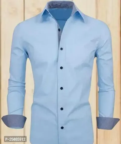 Elegant Blue Cotton Blend Solid Long Sleeves Casual Shirts For Men-thumb0