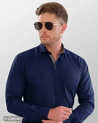 Elegant Navy Blue Cotton Blend Solid Long Sleeves Casual Shirts For Men