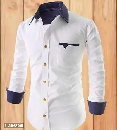 Elegant White Cotton Blend Solid Long Sleeves Casual Shirts For Men-thumb0