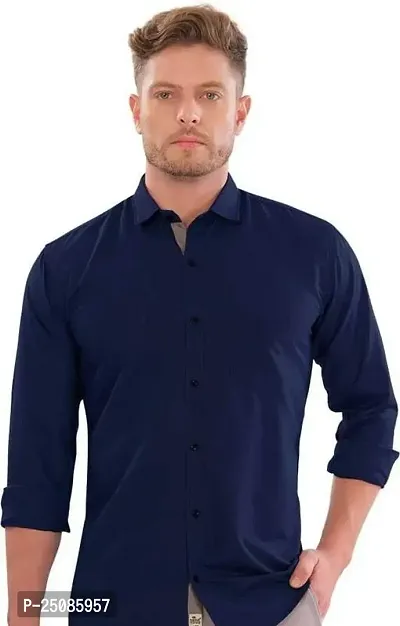 Elegant Navy Blue Cotton Blend Solid Long Sleeves Casual Shirts For Men-thumb0