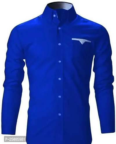 Elegant Blue Cotton Blend Solid Long Sleeves Casual Shirts For Men