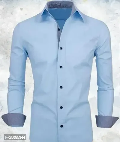 Elegant Blue Cotton Blend Solid Long Sleeves Casual Shirts For Men-thumb0