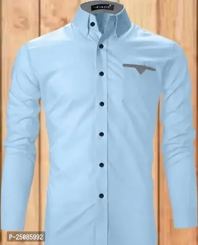 Elegant Blue Cotton Blend Solid Long Sleeves Casual Shirts For Men