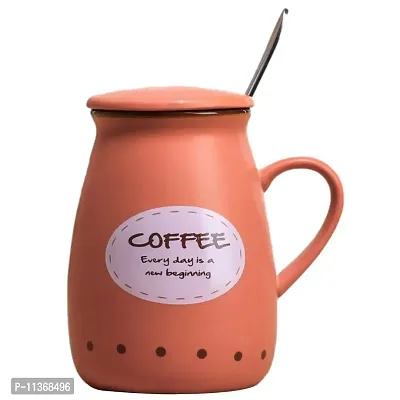 BonZeal 3D Ceramic Valentine Gift Item Coffee Printed Mug with Lid Spoon Orange Teacup 400 ml