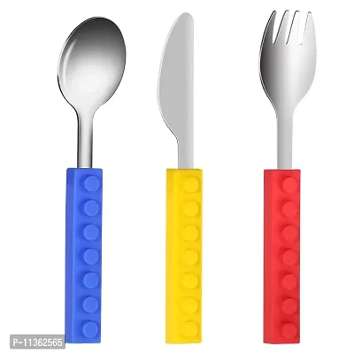 BonZeal Birthday Gift Building Blocks Set of 3 Snack and Stack Silicone Grip Stainless Steel Cutleries