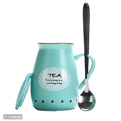 BonZeal 3D Ceramic Valentine Gift Item Coffee Printed Mug with Lid Spoon Turquoise Blue Teacup 400 ml-thumb4