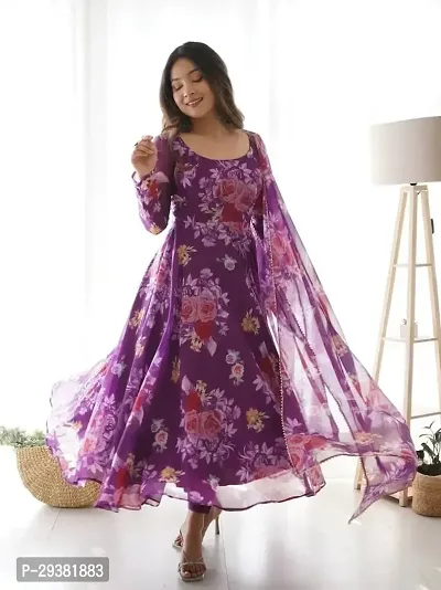 Digitally Floral Printed Soft Organza Anarkali Suit
