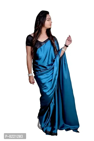 KHUSHI FASHION FAB Women's Japan Satin Silk Draped Saree with Printed Blouse (Firozi)-thumb3