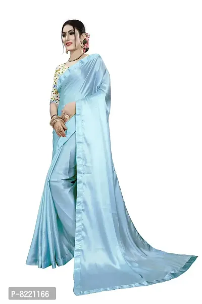 KHUSHI FASHION Women's Plain weave Satin Saree Without Blouse Piece (Sky Blue)-thumb2