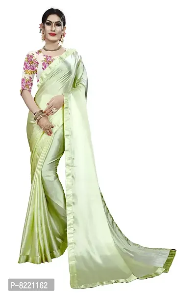 KHUSHI FASHION Women's Satin Silk Plain Weave Saree with Blouse Piece (Pista Green)-thumb0